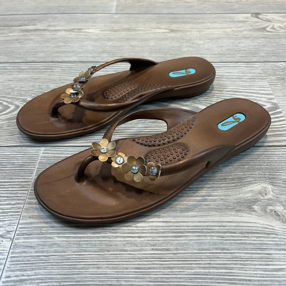 Oka.B Bailey Thong Sandal Chocolate Brown Gold Floral T-Strap Size ML 8-9 EUC